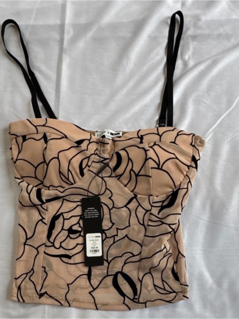 Fashion Nova Taupe Mesh Top with Black Floral Outline